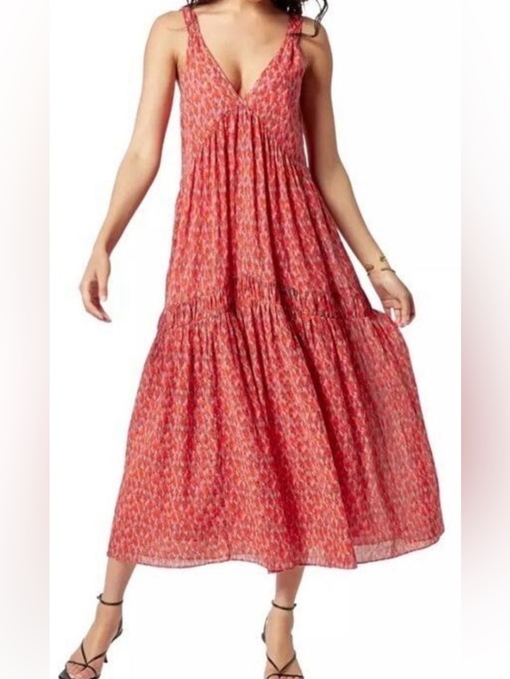 Joie Bondi Tiered Maxi Dress Red Pink Coral Ikat 100% Cotton Size Large